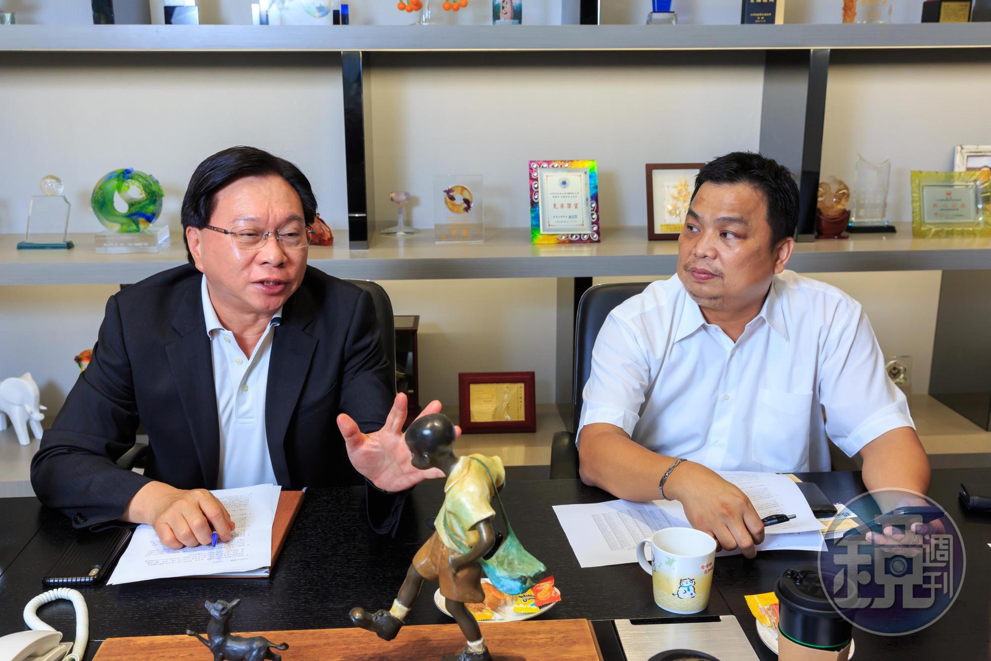 蔡國洲（左）和雙美新總經理李宣進一同受訪，大吐苦水。