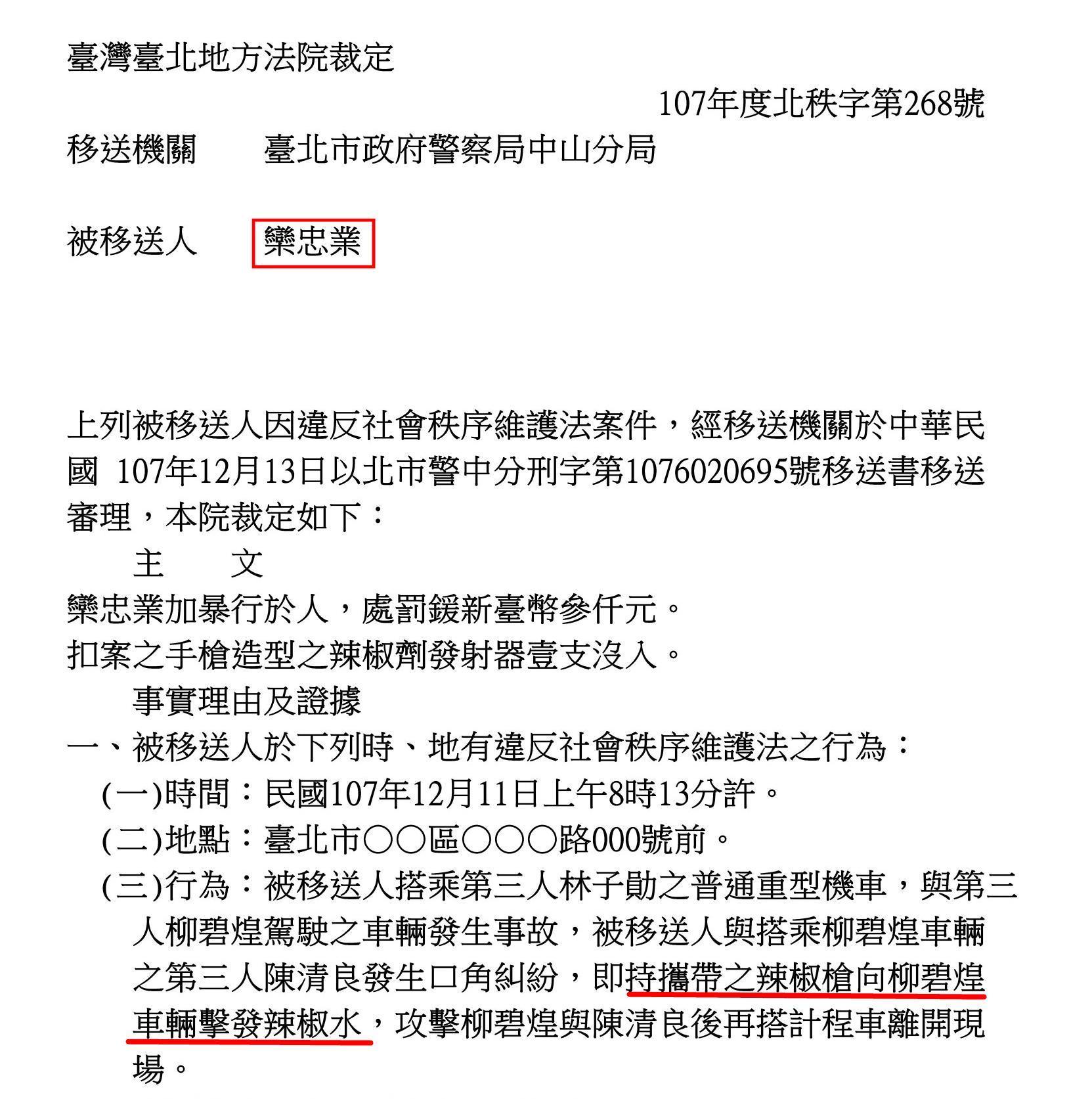 男子欒忠業以假車禍，持槍擊發辣椒水，攻擊座車內的長榮國際董事長柯麗卿，遭判罰3千元。