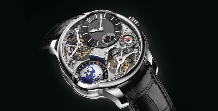 這可能是此次單價最高的頂級複雜之作:Greubel Forsey:世界時區四體陀飛輪腕錶,白金材質限量11只,建議售價新台幣2,800萬元。
