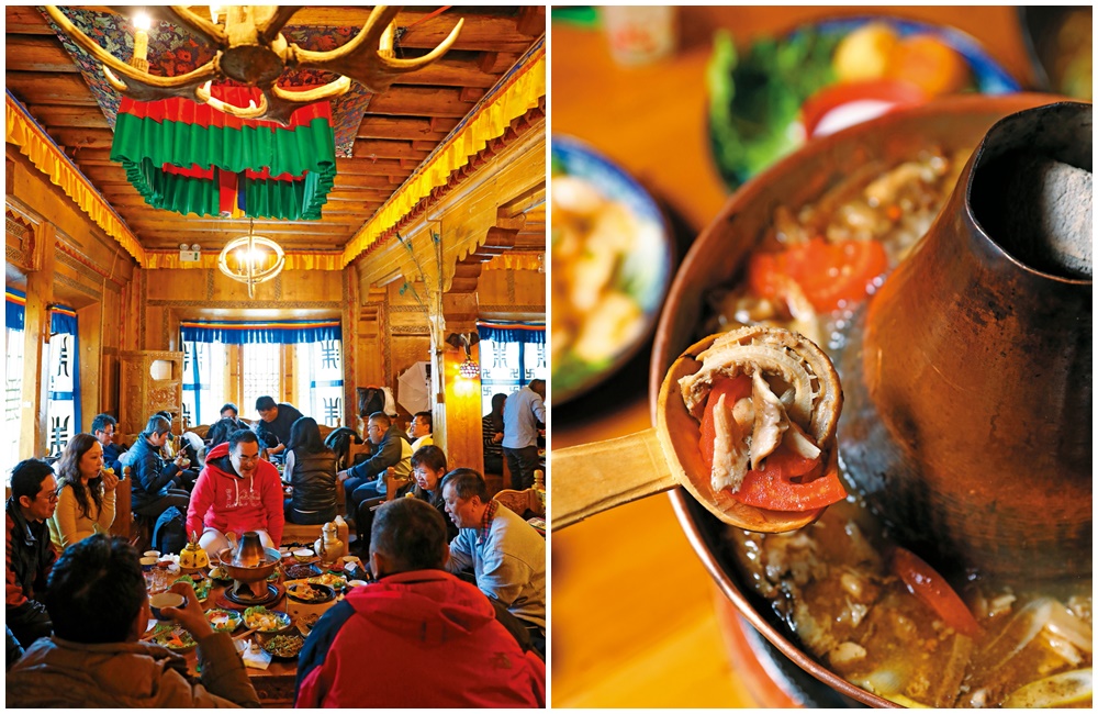 「氂牛雜火鍋」用牛骨熬煮湯頭，在海拔4,000多公尺的高原上，喝到熱騰騰的牛肉湯，通體舒暢。（藏式貴族餐，人民幣680元起／桌，約NT$2,992）