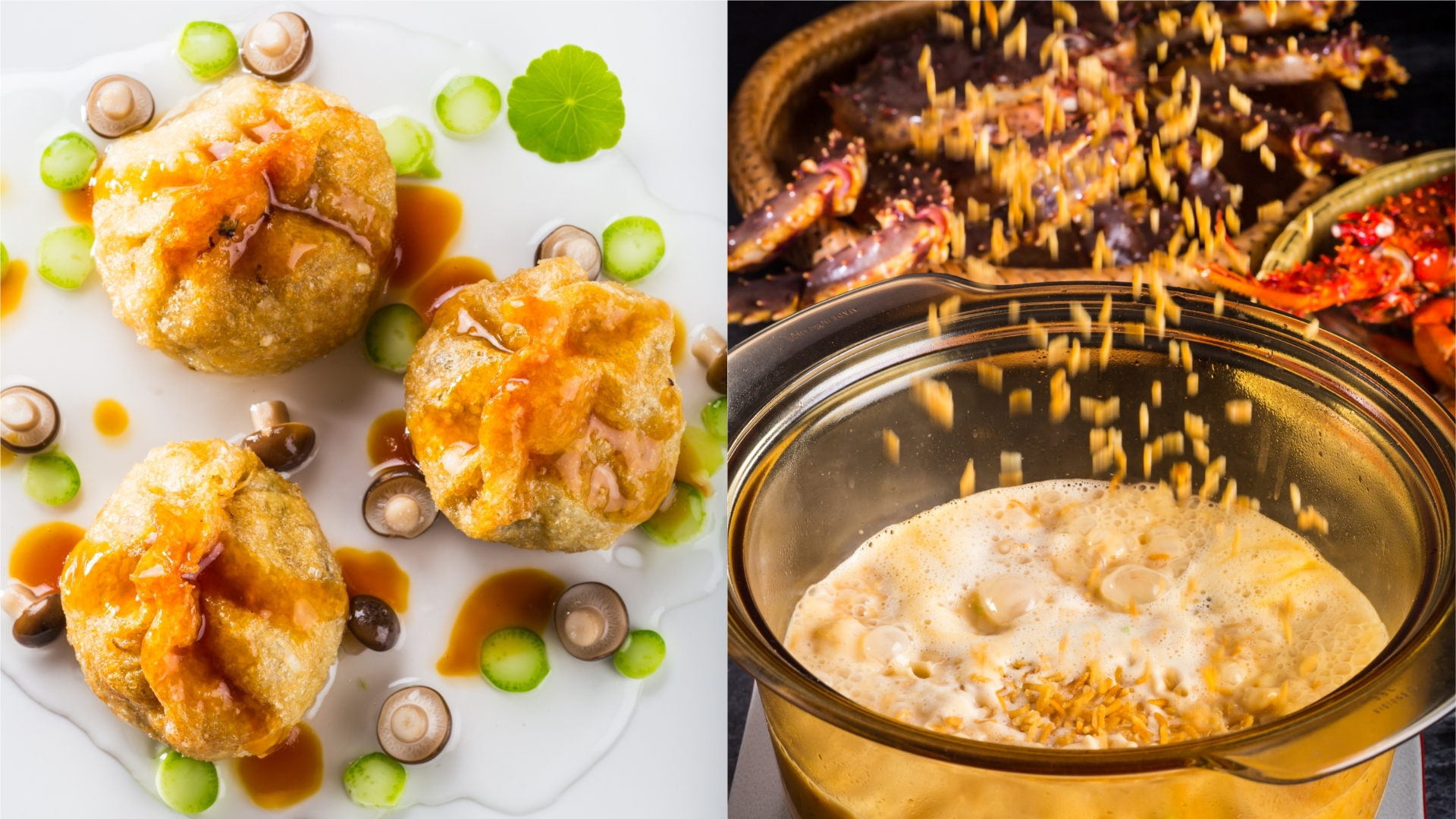 「晶華軒」重新出發，專注在正宗粵菜，新菜單「西施泡飯（右，2,280元／鍋）」「鮮菌千絲繡球（左，520元／份）」，令人驚豔。（台北晶華酒店提供）