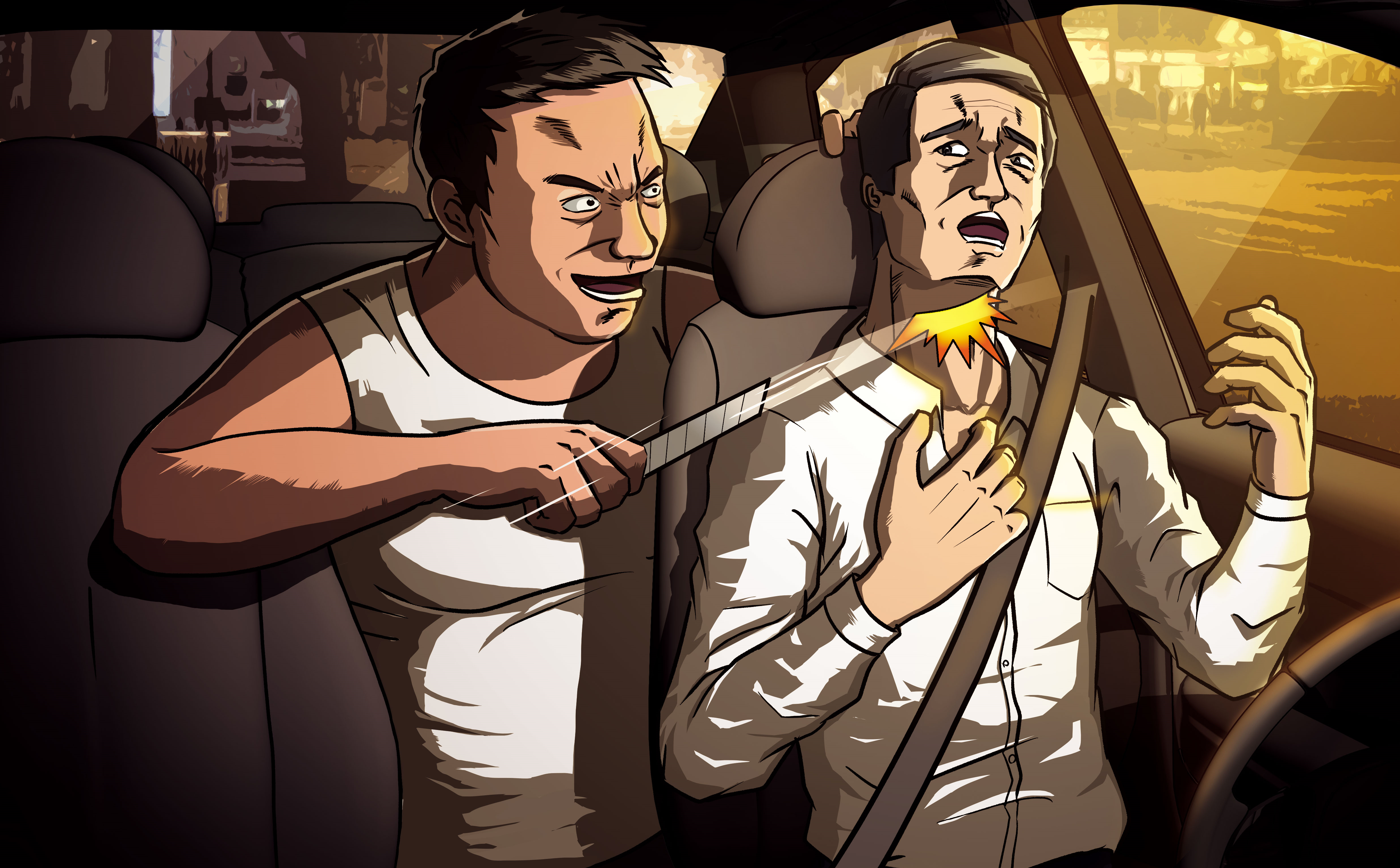 凶手蔡維琦（左）持美工刀，對計程車司機方明田（右）割喉。