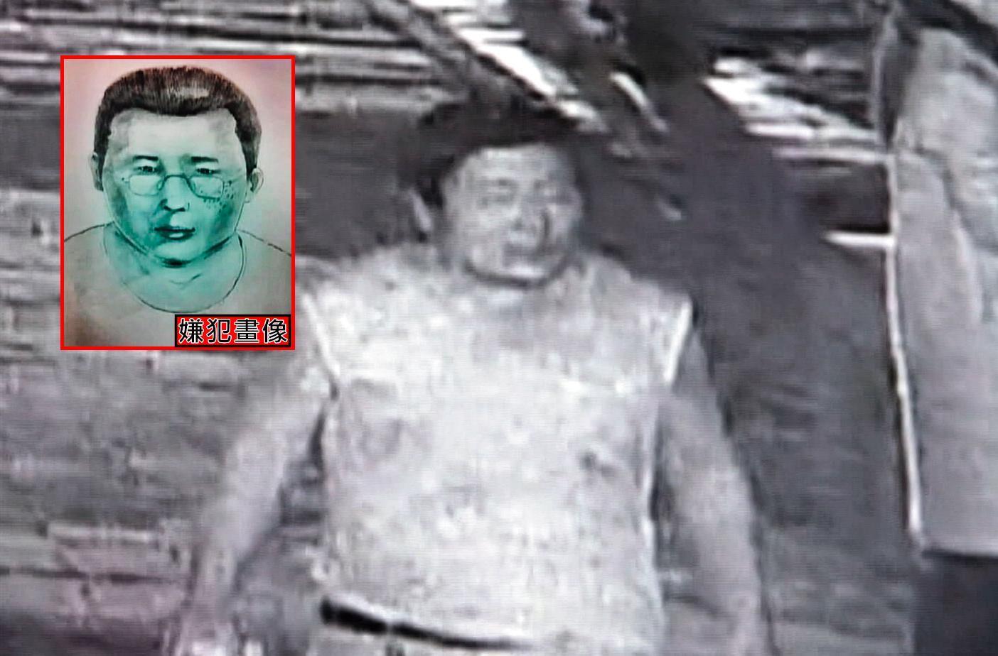 警方調閱監視器，查出一名穿白色背心的壯碩男子（大圖）涉有重嫌，亦公布嫌犯畫像（小圖），請全民協助緝凶。（翻攝畫面）