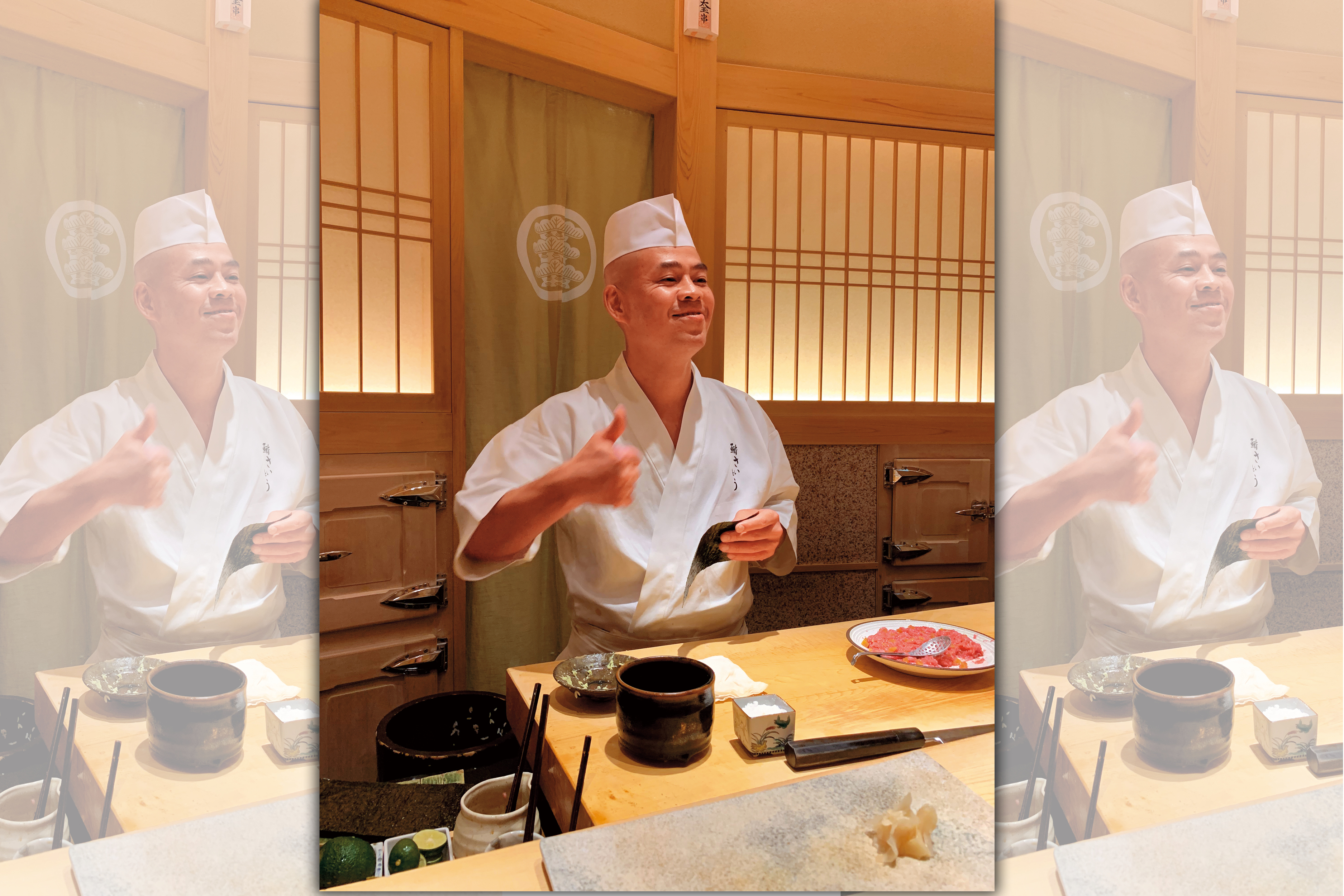 主廚齋藤孝司雖然嚴格卻很有幽默感，還會擺可愛POSE給客人拍。