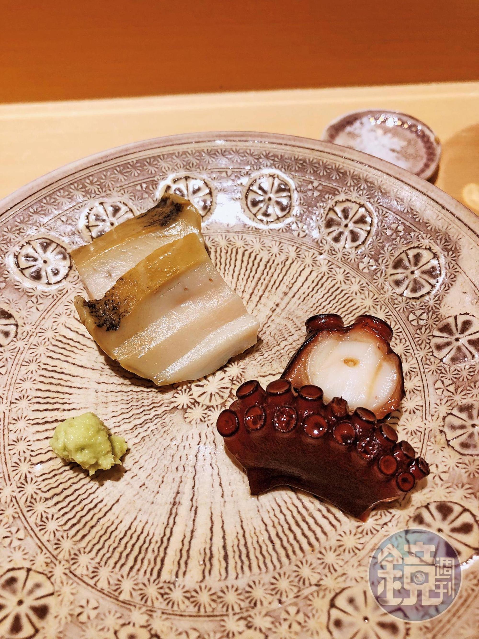 鮑魚與用黑糖、酒、醬油輕漬2小時的章魚,是極其出色的酒肴。