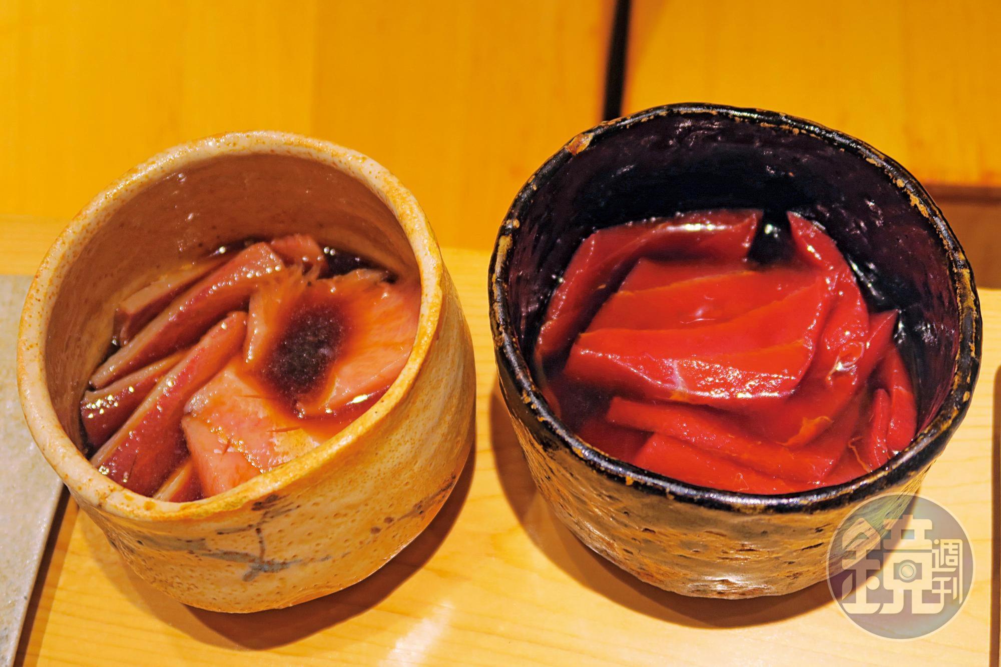在不同醬汁中醃漬,讓本質類似的魚鮮散發不同風味,是壽司師傅的技巧。