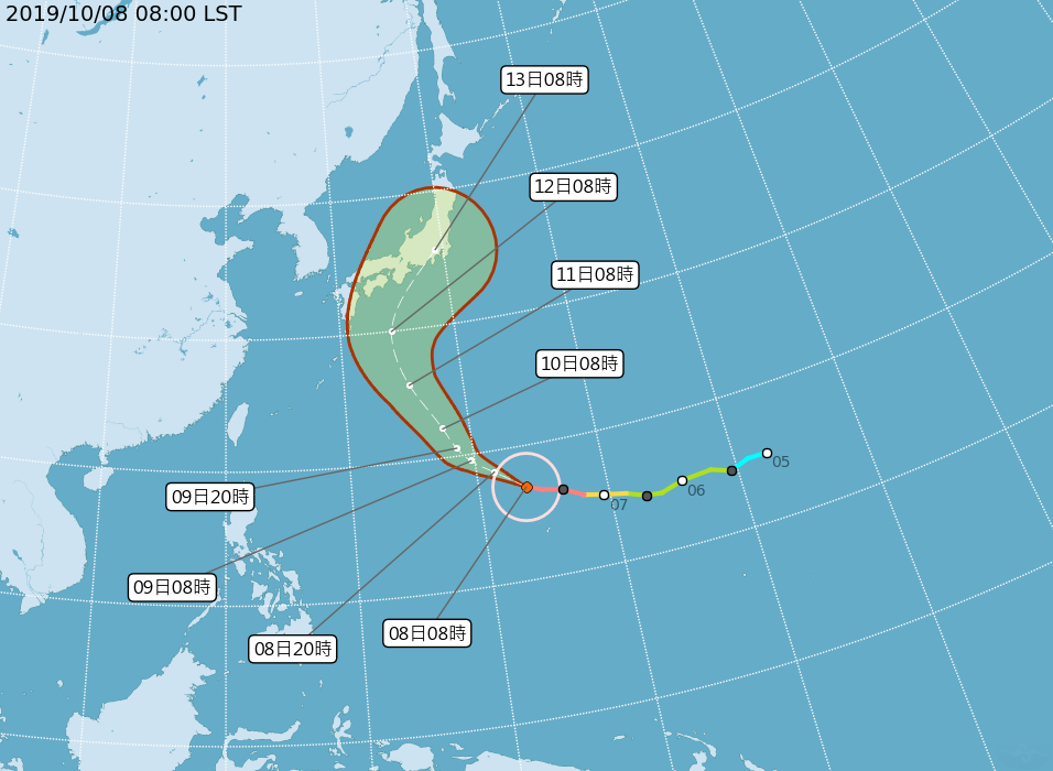 預估哈吉貝颱風未來將朝西北西轉西北往日本南方海面移動，預測對台灣無直接影響。（翻攝自中央氣象局）