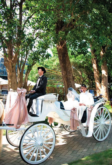青青婚宴文創集團擅長打造客製化主題婚禮，圖為新人乘坐馬車進場，十分吸睛。（青青婚宴集團提供）