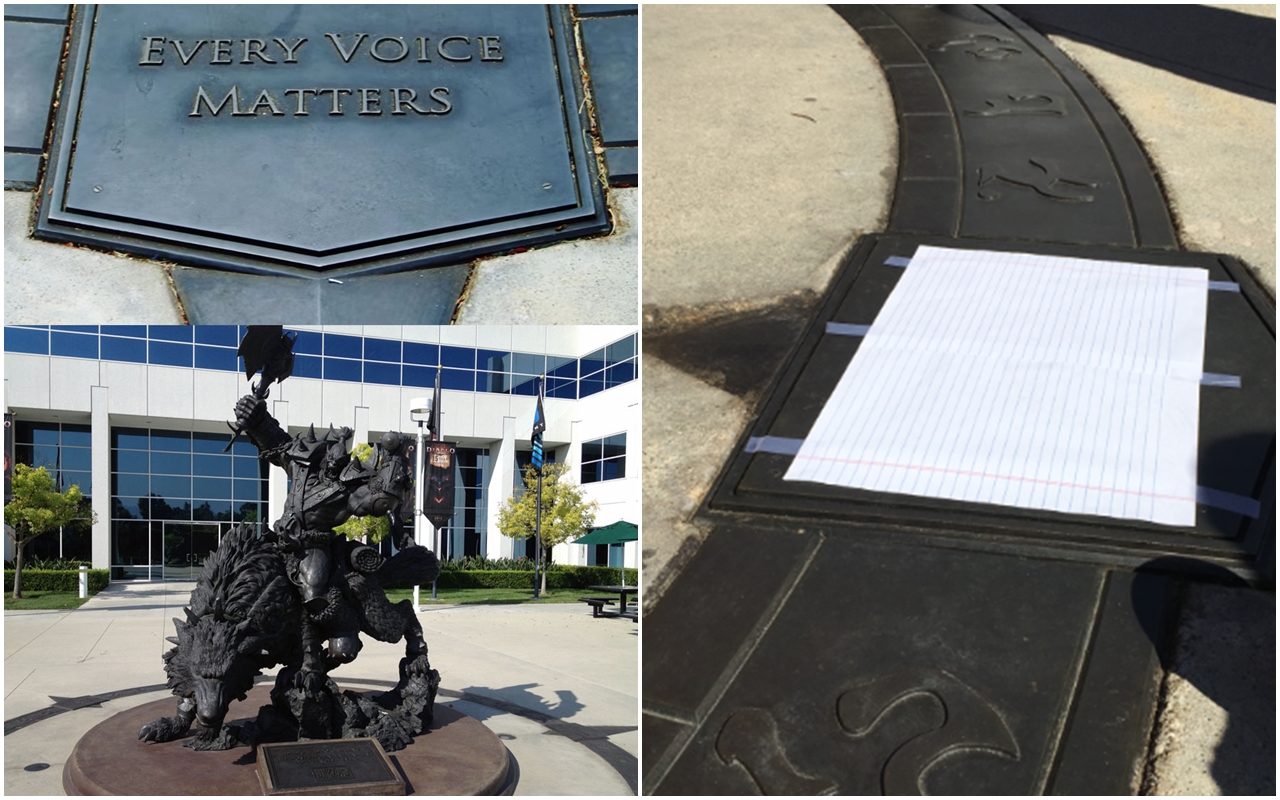 有許多暴雪員工無法認同公司的處理方式，怒將總部前的核心精神標語都遮了起來。（翻攝自reddit／Kevin Hovdestad推特）