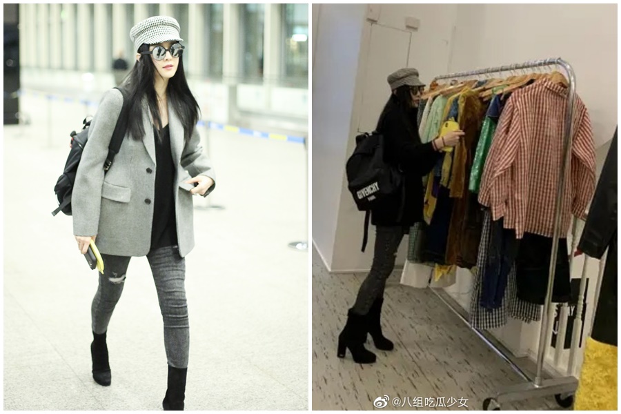 昨(8日)有粉絲在紐約巧遇范冰冰在逛街(右圖),今日她被目擊現身北京機場(左圖),疑似為拍攝好萊塢片《355》出國,完成工作後返回北京。(左圖東方IC、右圖翻攝自微博)