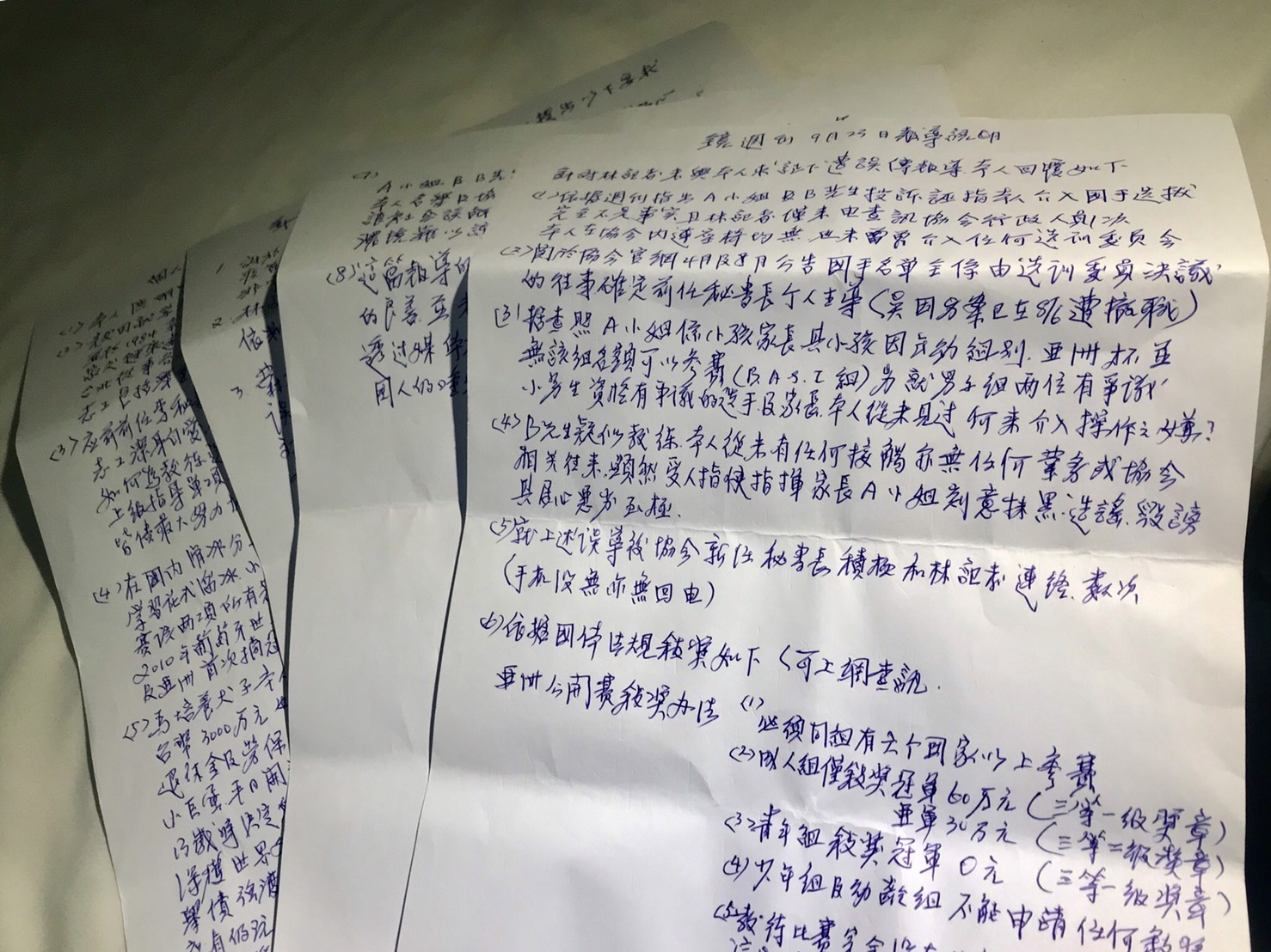 遭控圖利特定選手及教練，中華冰協副理事長洪明堂親筆寫下千字書，反駁每項指控。（洪明堂提供）