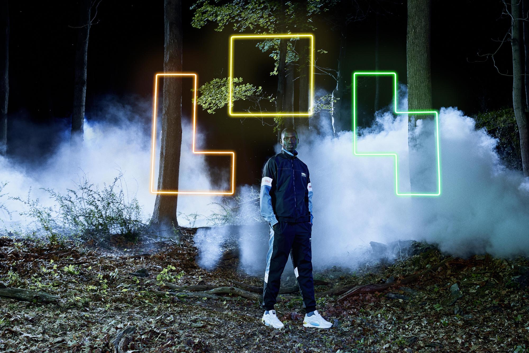 PUMA Tetris立領外套NT$2,980、Tetris長褲 NT$2,680、RS 9.8 X TETRIS鞋款NT$3,480。(PUMA提供)