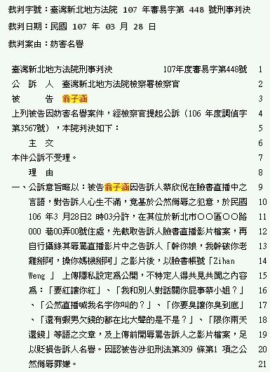 除了賣淫和吸毒外,翁子涵還因飆髒話被告過妨害名譽。(讀者提供)