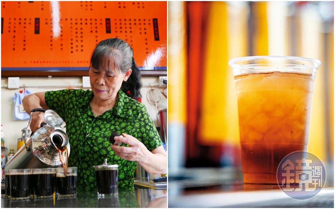依據每人身體狀況，婆婆會給客人不同配方與比例的涼茶（左）。若只是想喝杯冰涼的飲料，也可點清涼爽口的「曼球果膏五花茶」（右）。（澳門幣25元／杯，約NT$100）