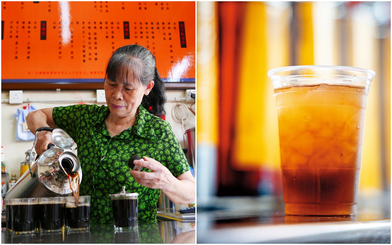 依據每人身體狀況，婆婆會給客人不同配方與比例的涼茶（左）。若只是想喝杯冰涼的飲料，也可點清涼爽口的「曼球果膏五花茶」（右）。（澳門幣25元／杯，約NT$100）