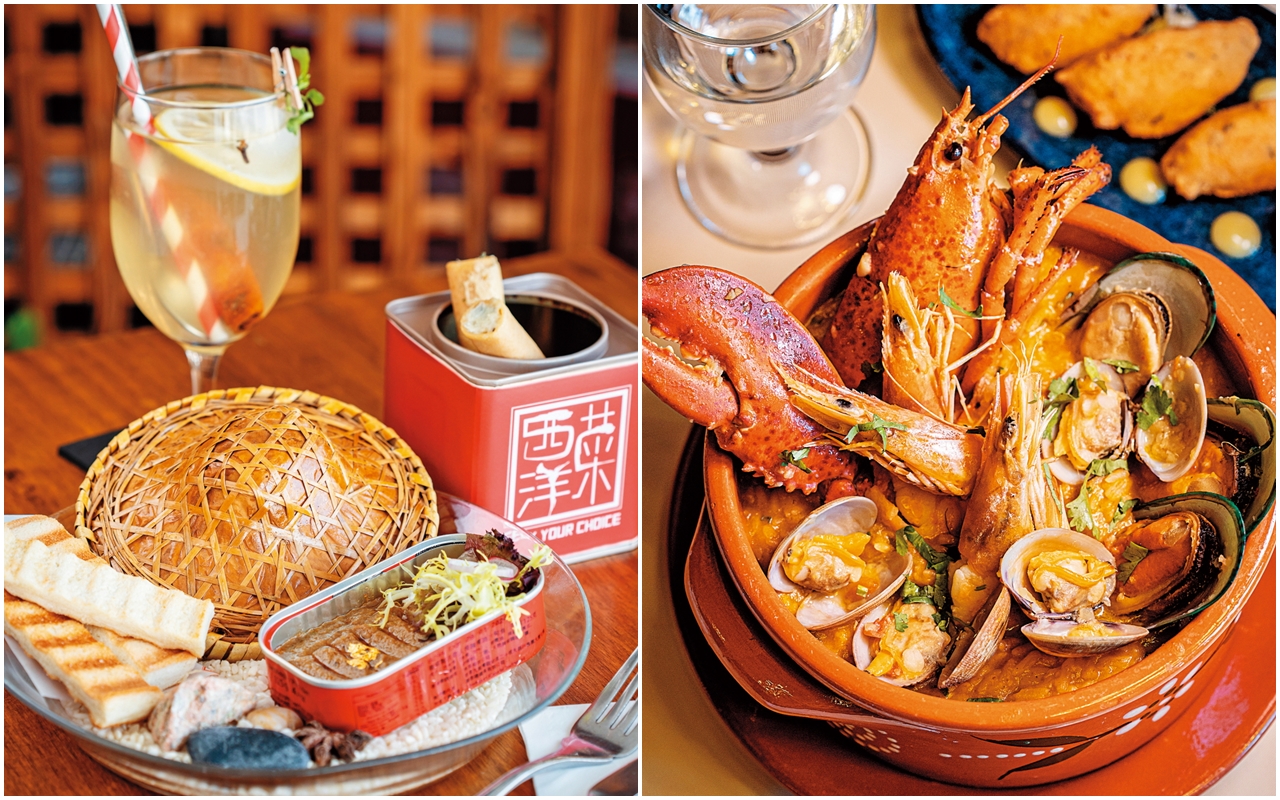 西洋菜餐館的「自家製沙甸魚醬伴鄉村多士」（左），充滿葡國漁村的濃厚滋味。（澳門手信菜單，澳門幣999元／2人，約NT$4,000）；「官景正宗葡國餐廳」的「葡式海鮮飯」，可說是品嘗葡國料理必點的菜色。（澳門幣448元／ 份，約NT$1,800）