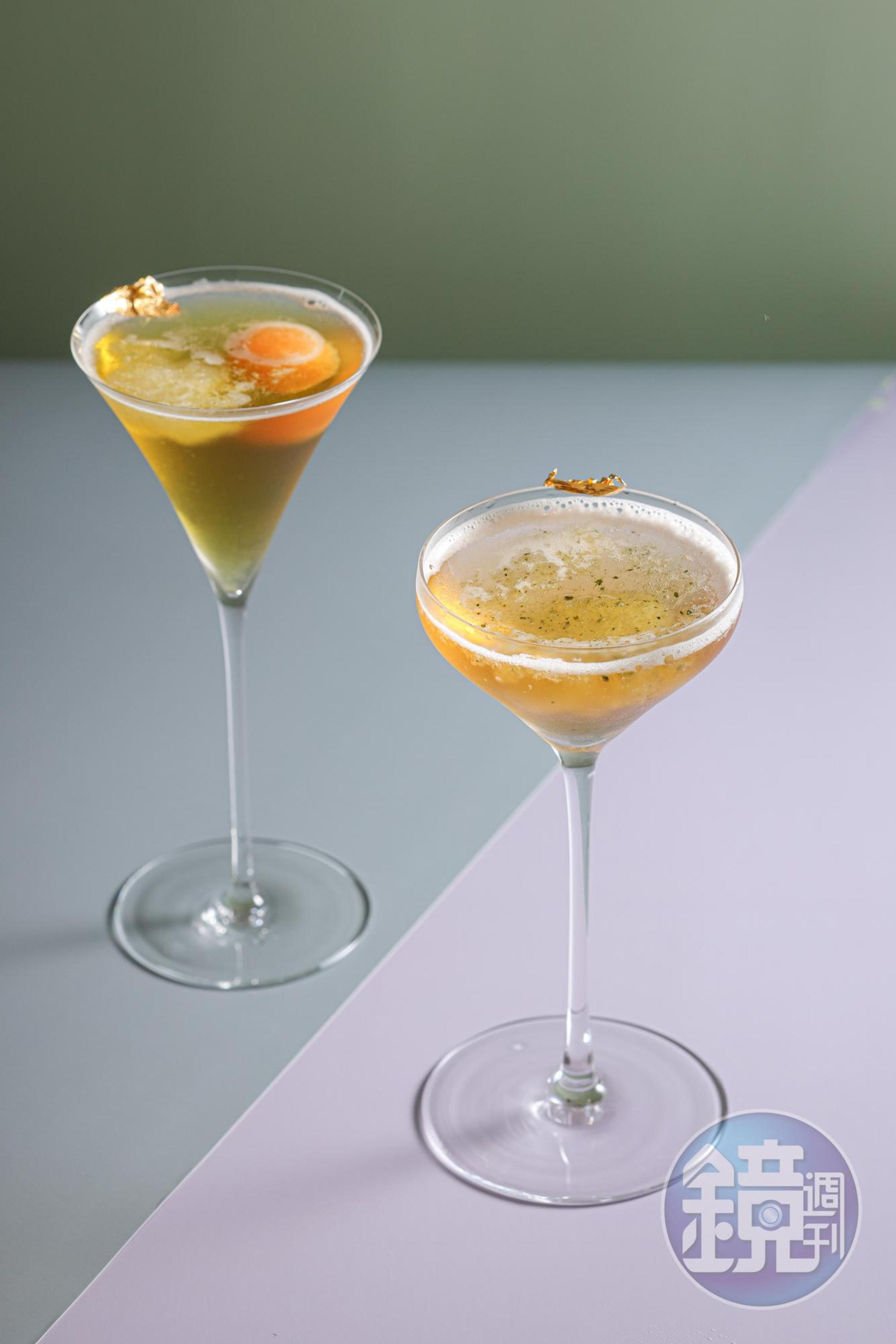 「For Her」（右）用蜜香紅茶調入荔枝酒、蘭姆酒 ，果香宜人。「For Him」（左）基底也是蜜香紅茶，加進哈密瓜酒、茴香酒、哈密瓜果肉，迸出微八角味。（皆190元／杯）