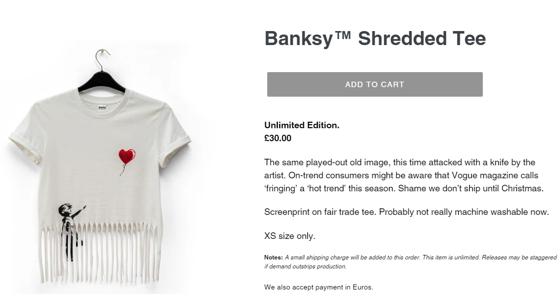 班克西的網路商店販售《氣球女孩》的流蘇T恤。（翻攝自GrossDomesticProduct網站）