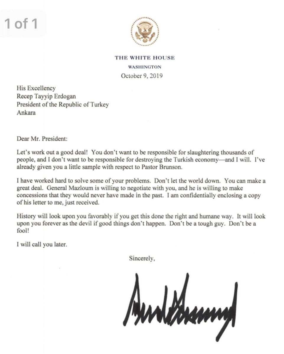 美國總統川普發自白宮給土耳其總統的信件。（網路截圖，White House）