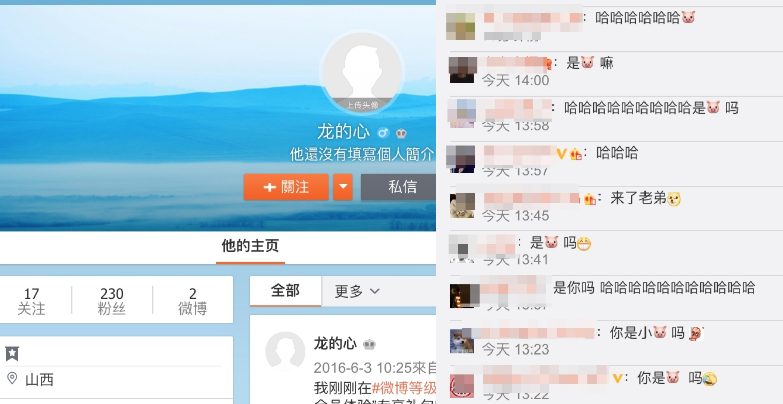 羅志祥自爆分身帳號是「龍的心」，許多粉絲跑到同名微博下留言問：「是你嗎？」（翻攝自龍的心微博）