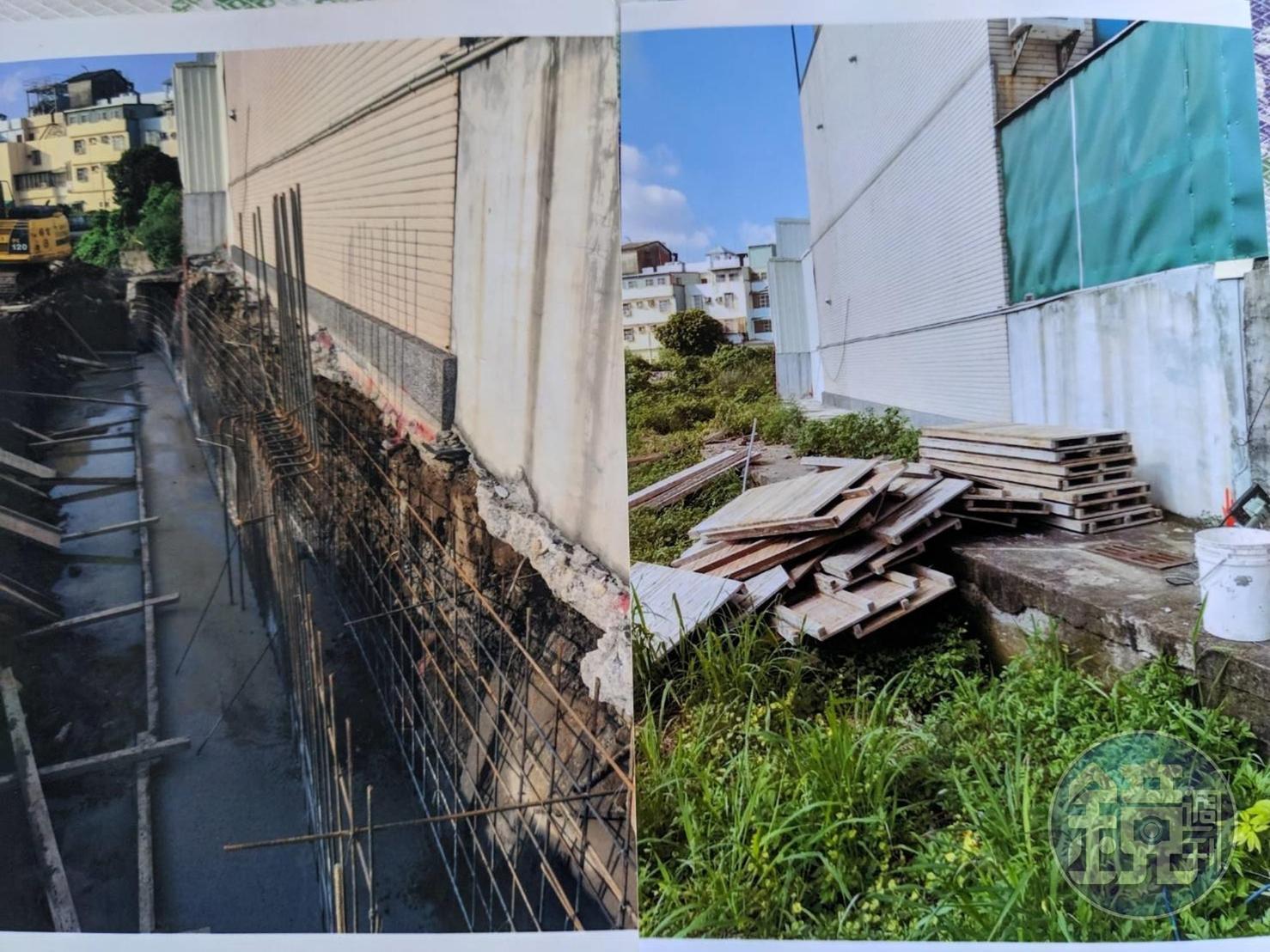 民眾提供施工前後的兩相對比照片,質疑是建商將地基挖空。(讀者提供)