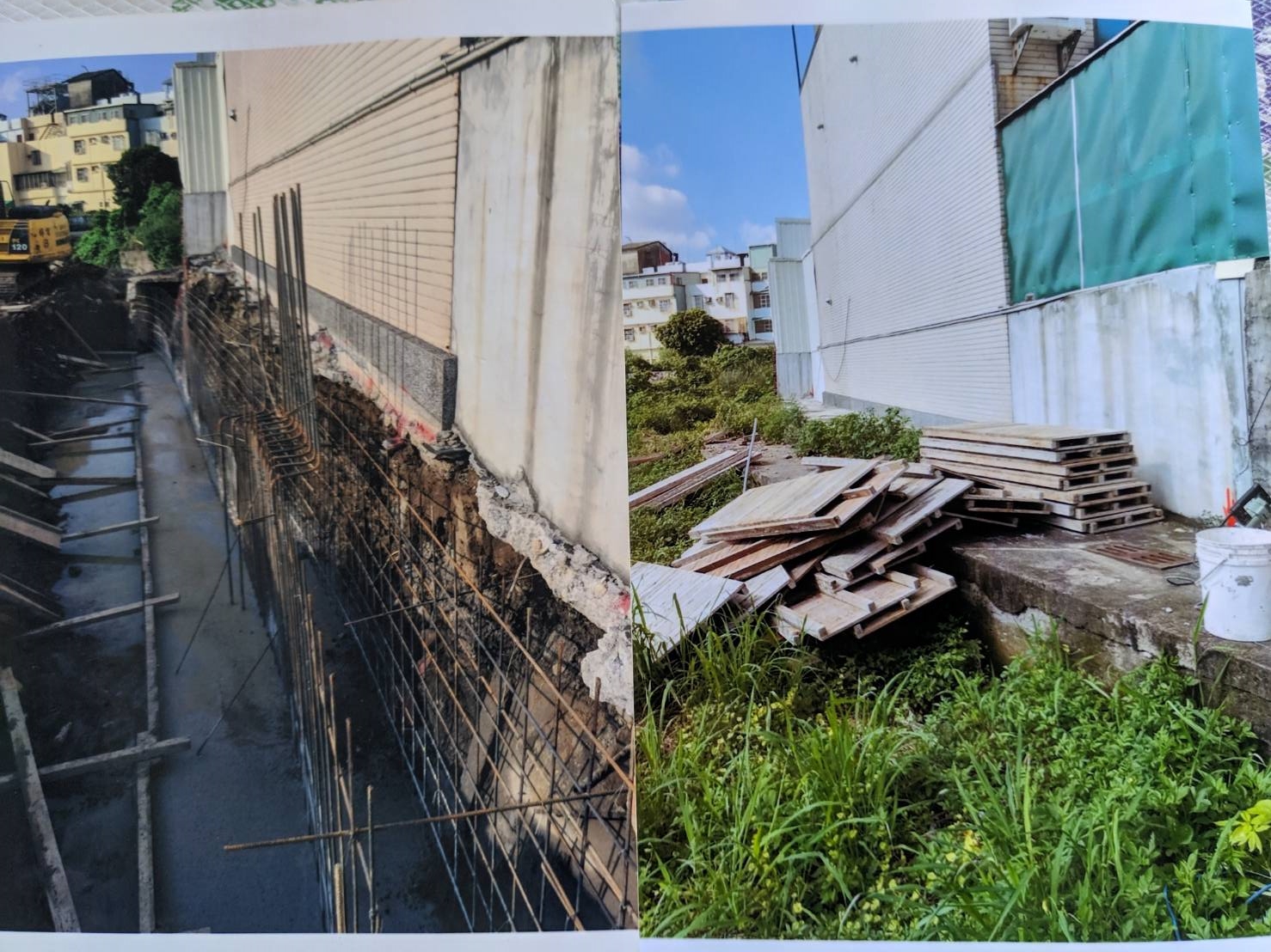 民眾提供施工前後的兩相對比照片,質疑是建商將地基挖空。(讀者提供)
