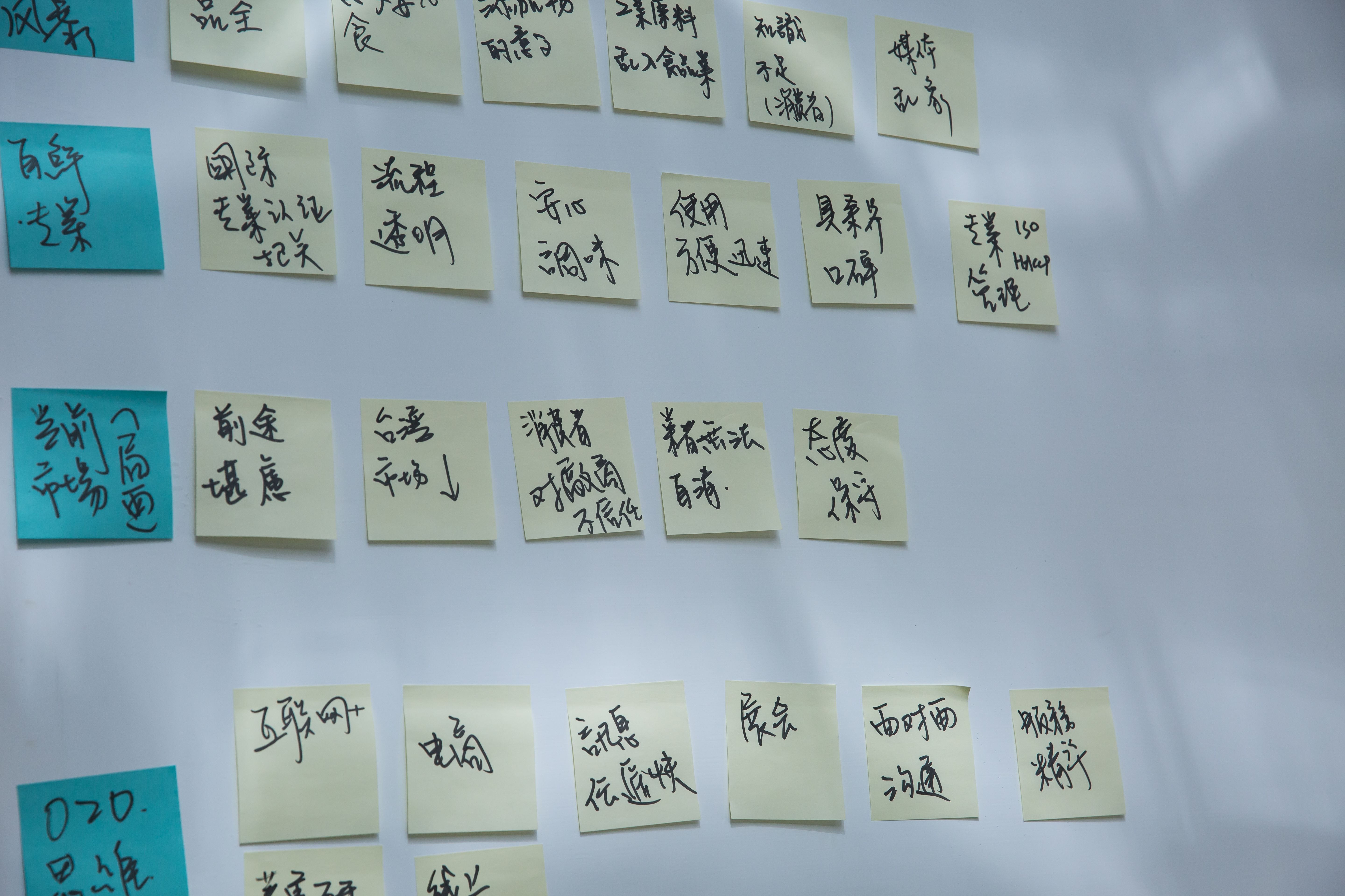 林裕閔的辦公室牆上,貼滿了便利貼。為了在食安風暴中追業績,他也曾替同業代工。