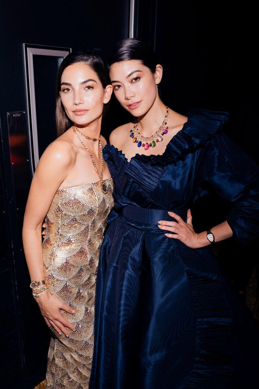 寶格麗品牌代言人LilyAldridge（左）與日本超模森星，於Serpenti Seduttori晚宴合影。