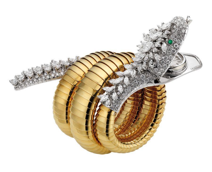 伊莉莎白泰勒所佩戴的Serpenti Tubogas黃金與鉑金鑲嵌祖母綠與鑽石手鐲腕錶，於1961年製作。