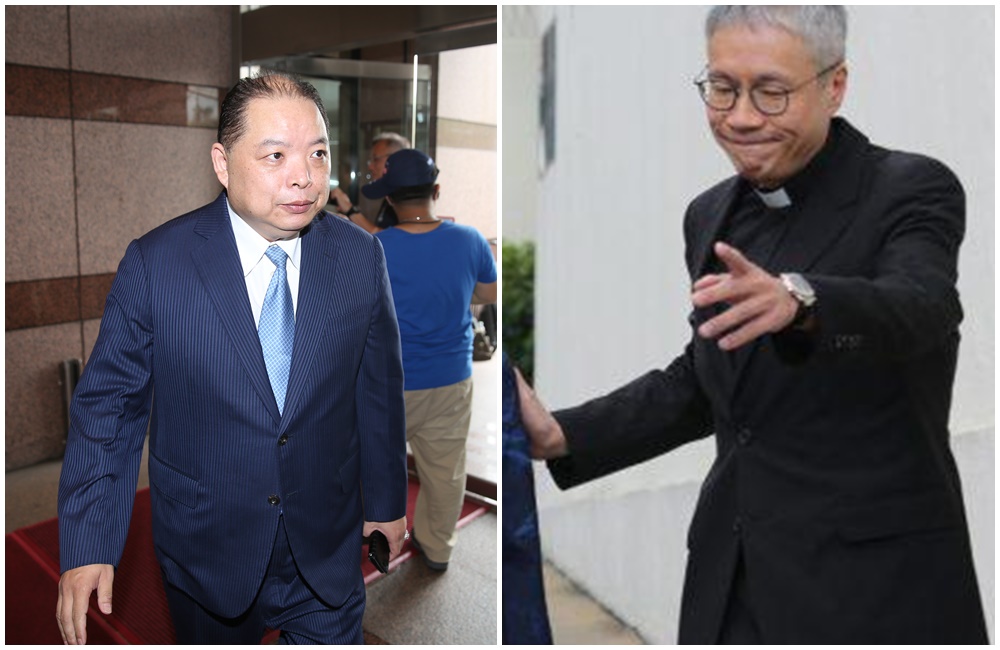 管浩鳴（右）9月來台時，以香港聖公會領導人身份，聯繫同為宗教界大老的黃承國（左），以宗教交流的名義相約，並請其安排與內政部長見面。（右圖翻攝自網路直播）