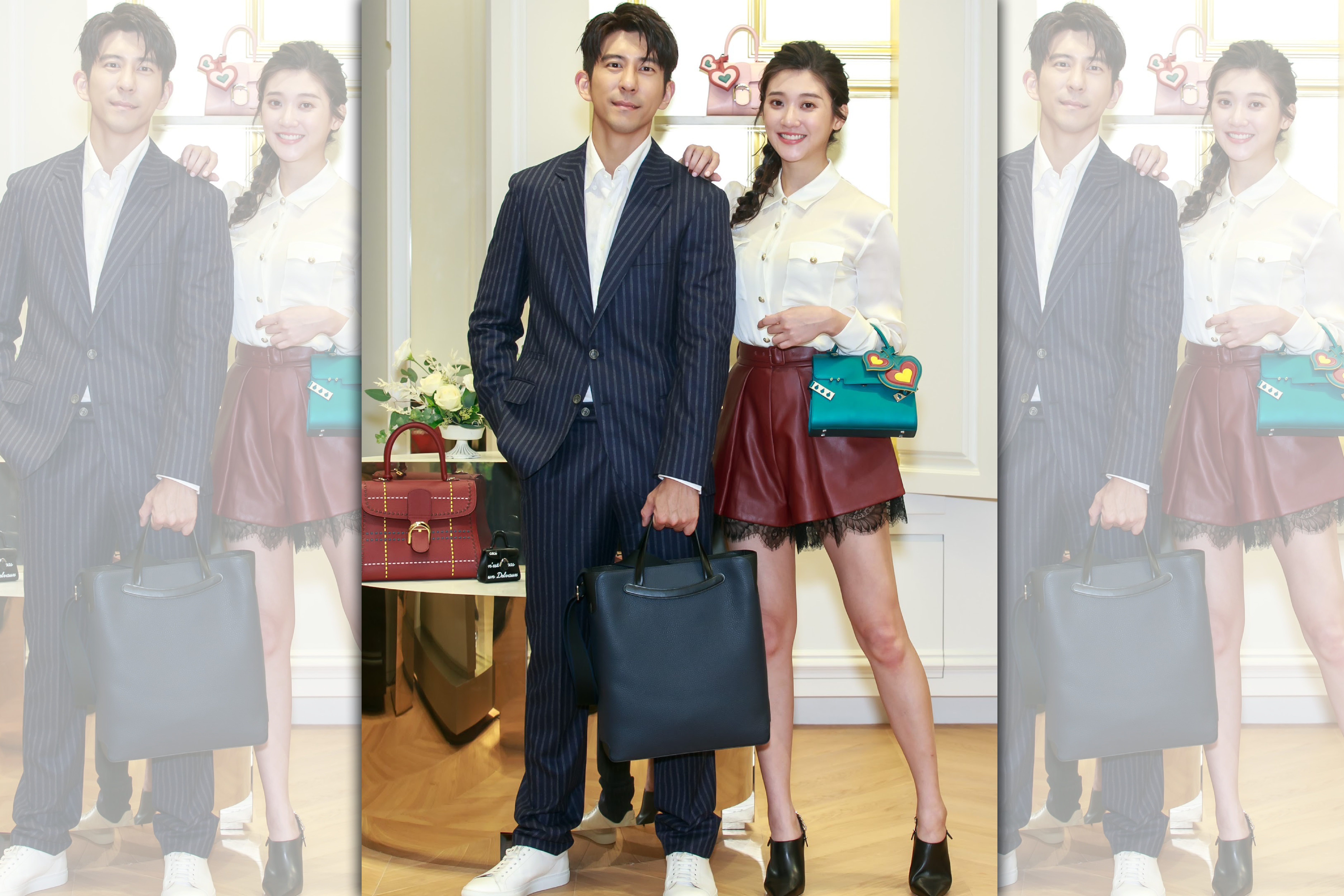 修杰楷、林逸欣出席DELVAUX新光三越中港店重新開幕活動。修杰楷身穿B.Cucinelli頂級羊毛條紋修身西外套裝 NT$147,600、亞麻修身襯衫 NT$20,000、DELVAUX Magritte系列男士手提托特包 NT$121,900。林逸欣身穿BALMAIN白色絲質襯衫 NT$45,600、Self Portrait皮質蕾絲長褲 NT$12,600、Jimmy Choo後金鍊尖頭高跟鞋 NT$48,800、DELVAUX Tempête系列珍珠孔雀藍牛皮小型肩背手提包價格電洽。（DELVAUX提供）