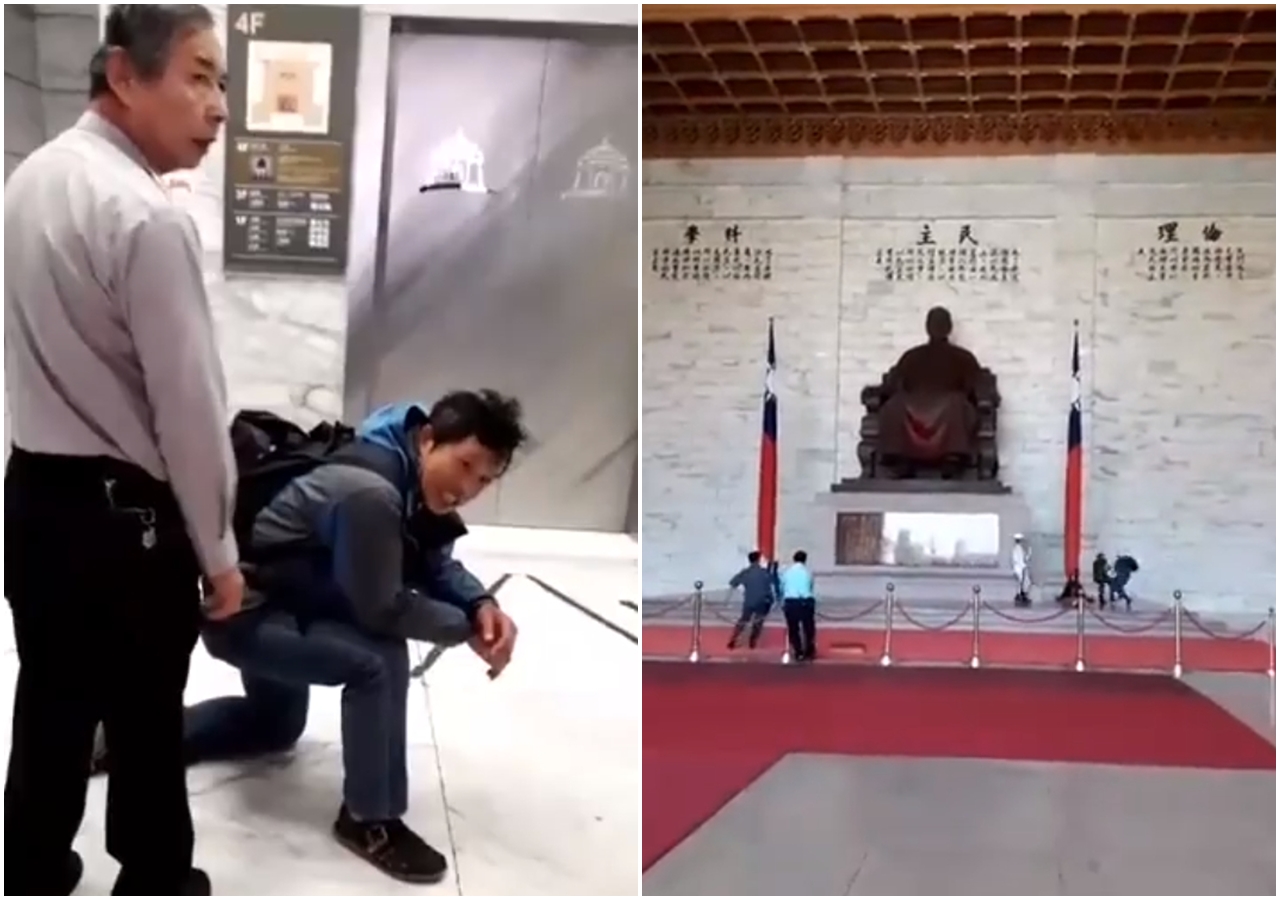 陳峻涵在中正紀念堂丟擲裝有紅墨水塑膠袋，蔣中正銅像瞬間被染紅，警方以現行犯將其逮捕。（翻攝自陳峻涵臉書）