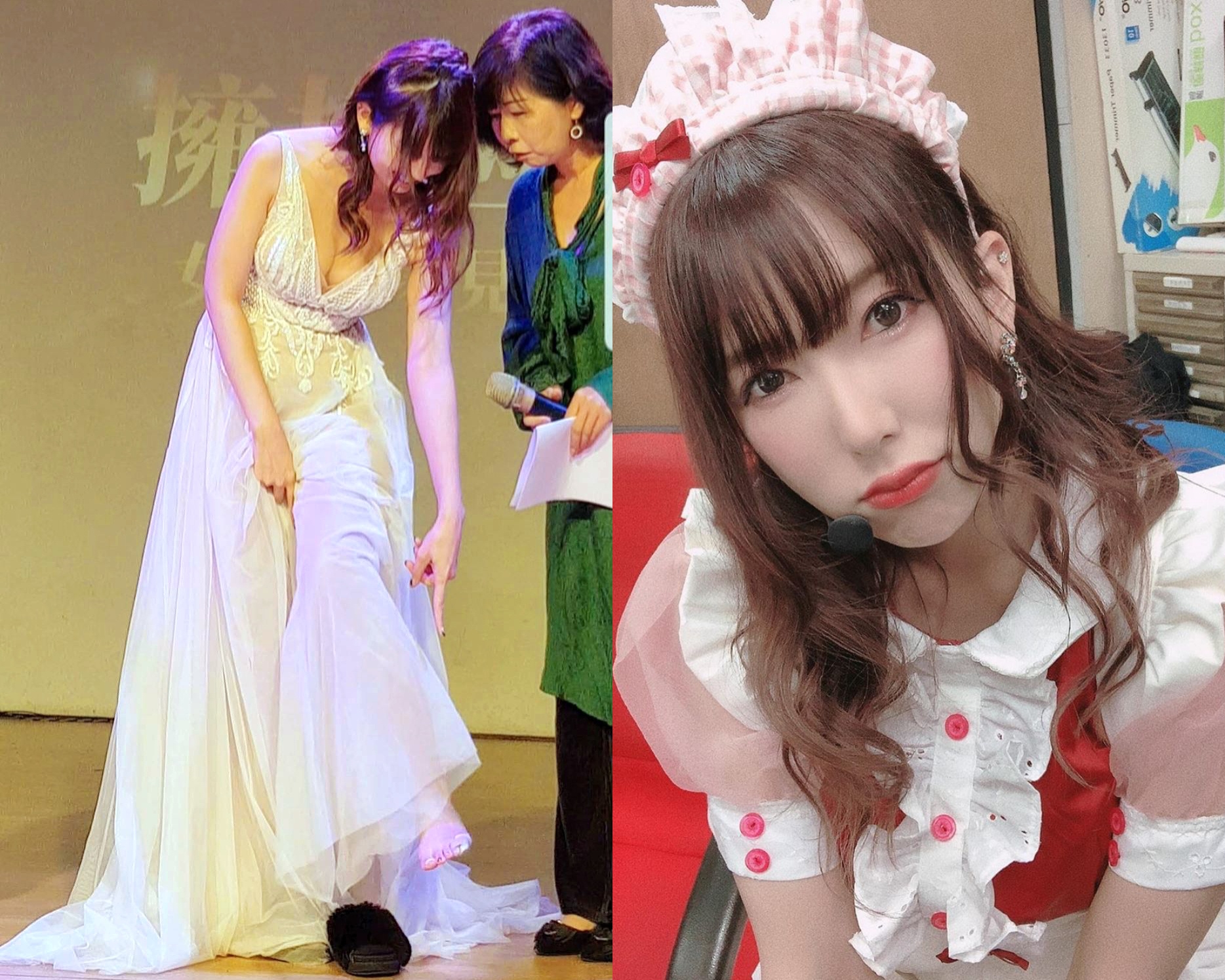 波多野結衣因為腳傷無法套高跟鞋，只能穿拖鞋進行活動，讓許多粉絲心疼。（左圖日商東櫻提供，右圖翻攝自波多野結衣IG）