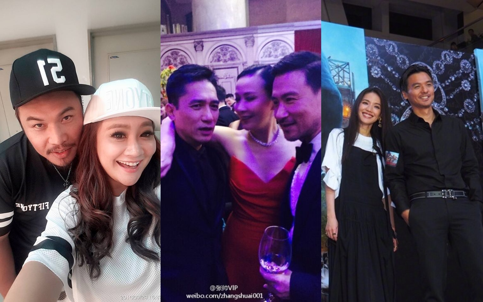 秀琴（左圖右）、劉嘉玲（中圖中）與舒淇（右圖左）都曾酒後出糗。（ 翻攝自林秀琴臉書、翻攝自張帥微博、翻攝自馮德倫微博）