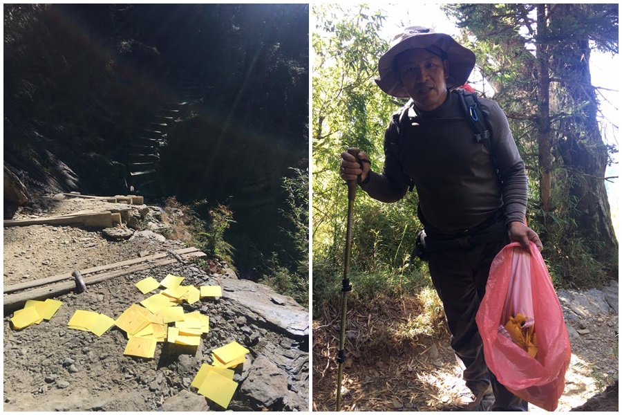 有民眾在玉山主峰線上沿途撒金紙，玉管處員工花數小時才清理乾淨。（翻攝自玉山國家公園臉書）