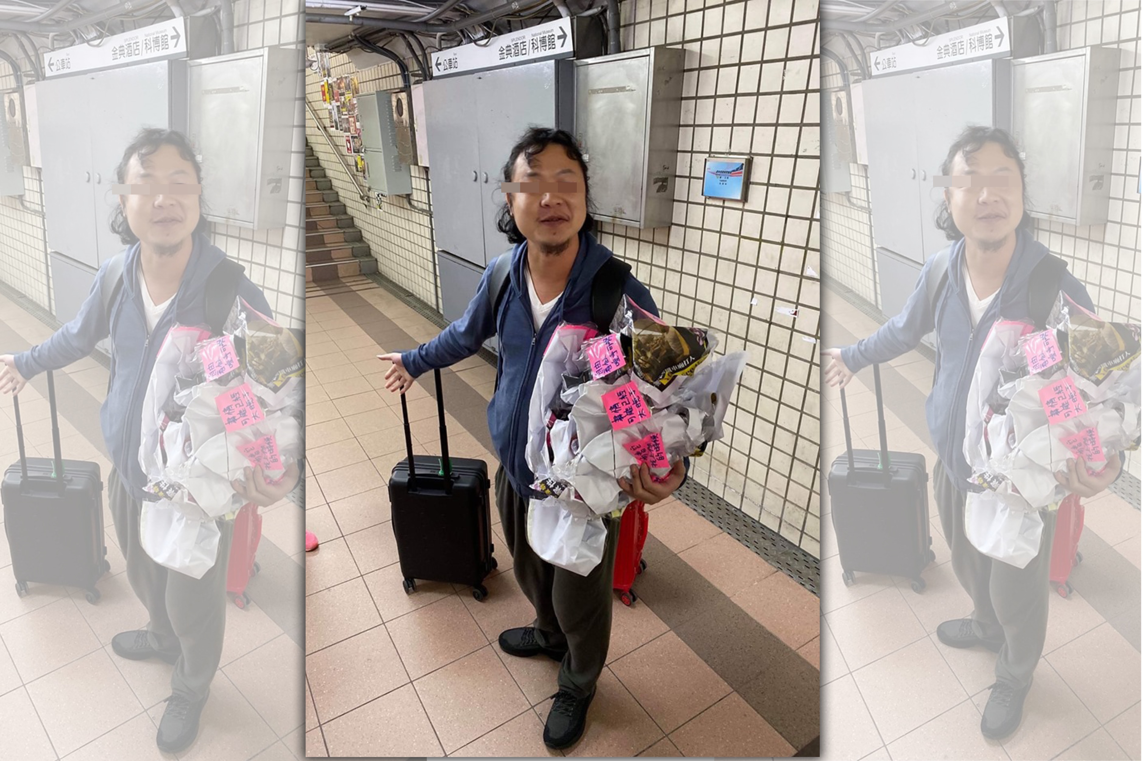 設於台中市西區台灣大道、美村路地下道的連儂牆，27日上午遭中國籍男子強行破壞，撕毀牆上海報包成一大捲。（翻攝　陳致豪臉書）