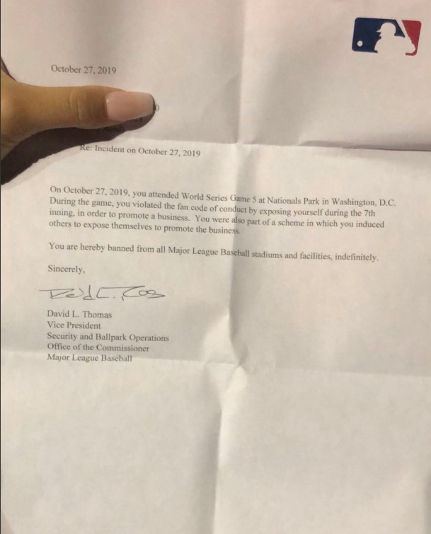 羅絲在社群網站上貼出被大聯盟禁止觀賽的警告信。（翻攝自羅絲推特）