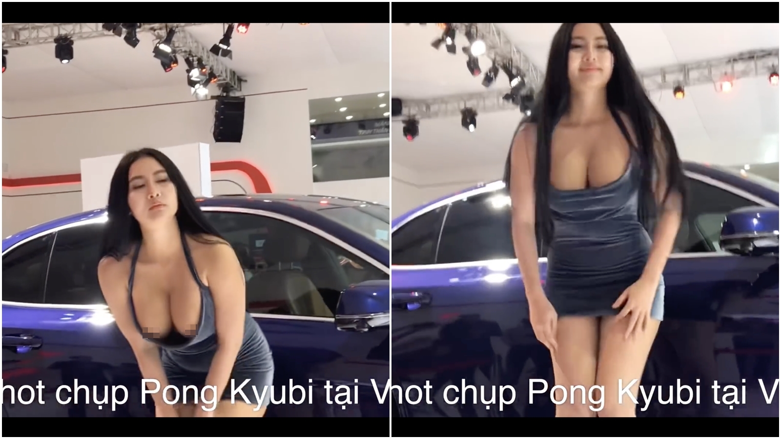 越南巨乳show girl在車展中大方展現身材，甚至不小心「露兩點」。（翻攝Youtube）