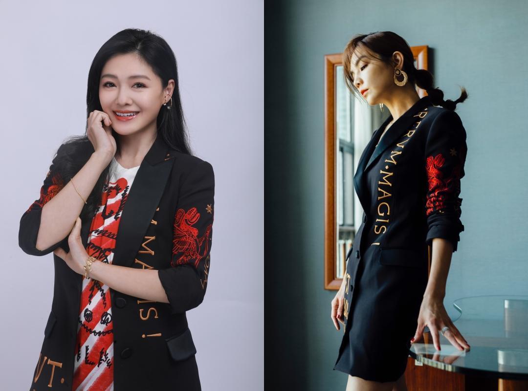 大S與Ella撞衫MOSCHINO字母刺繡西裝式洋裝,但是穿出不同個人風情。NT$79,500(藍鐘提供)