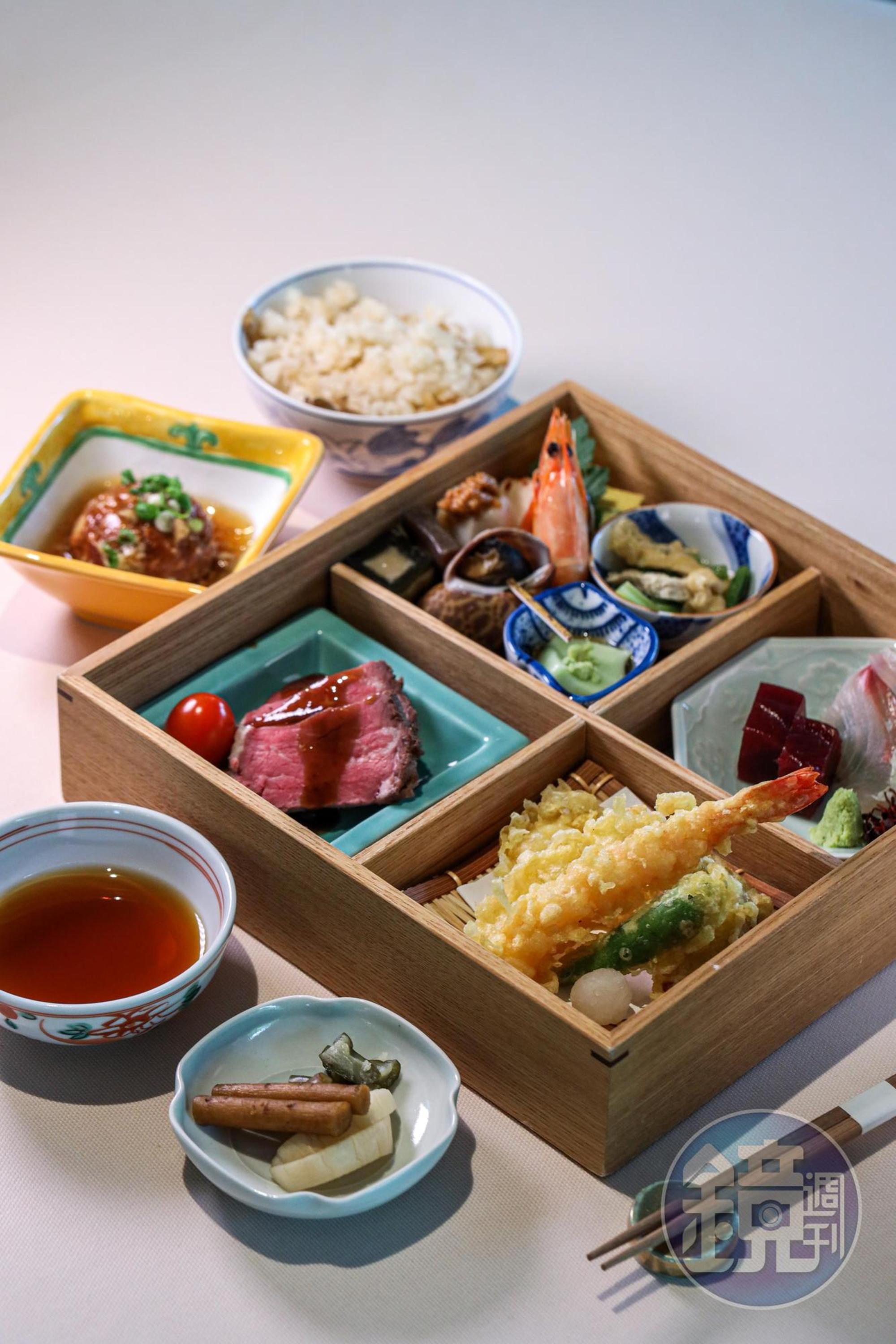 「箱膳」中包含海陸食材,每一樣都做得精緻。(4,000日圓/份,約NT$1,125)