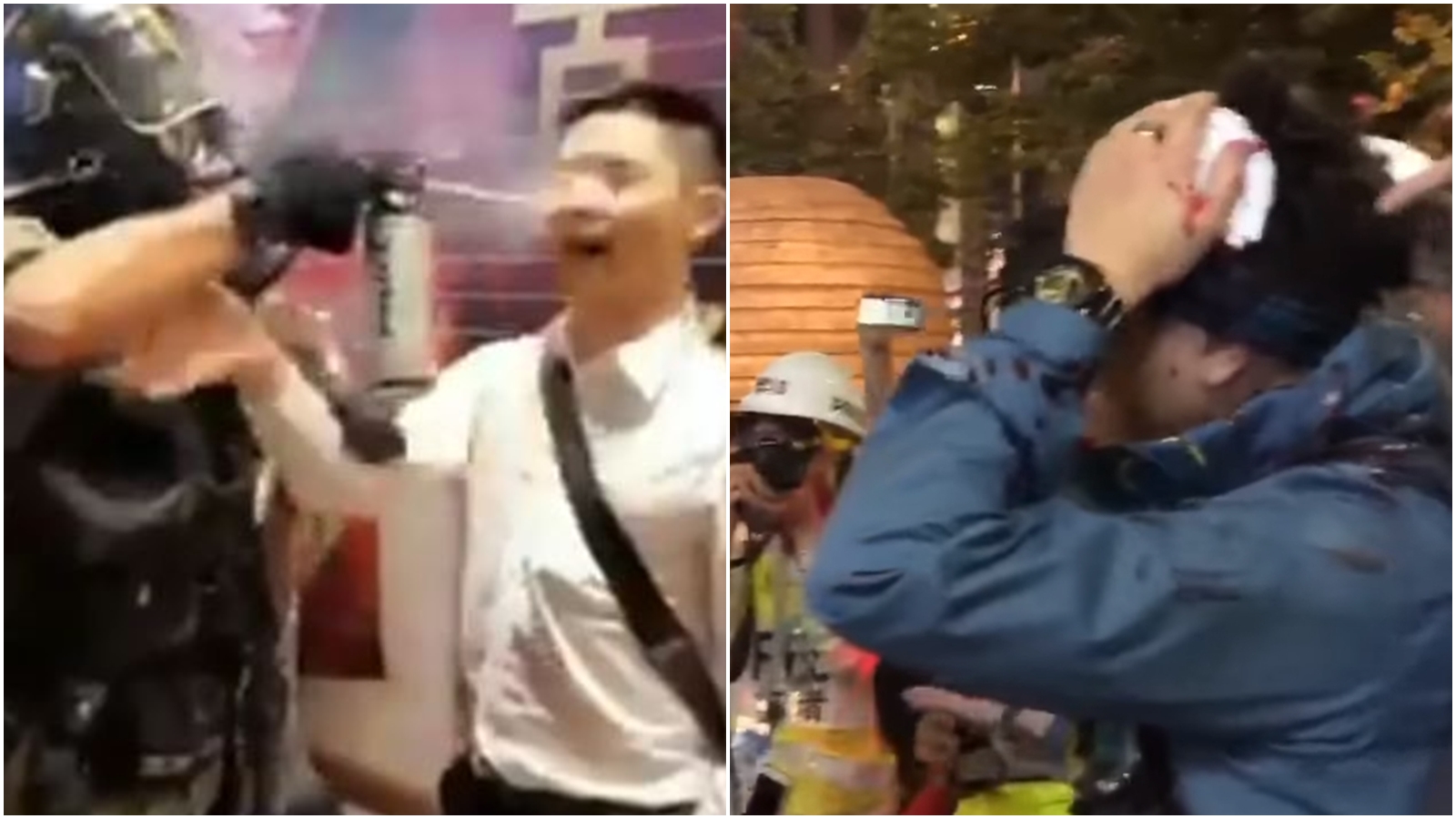 香港昨晚街頭再爆發警民衝突，一人無故遭噴胡椒噴霧、一名社工則被爆頭。（合成圖，翻攝推特、臉書）