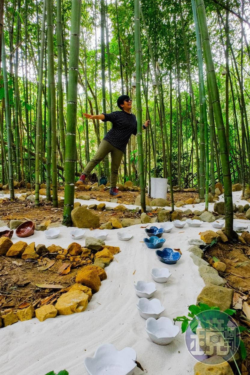 竹林裡的白沙像水般流動於林中。