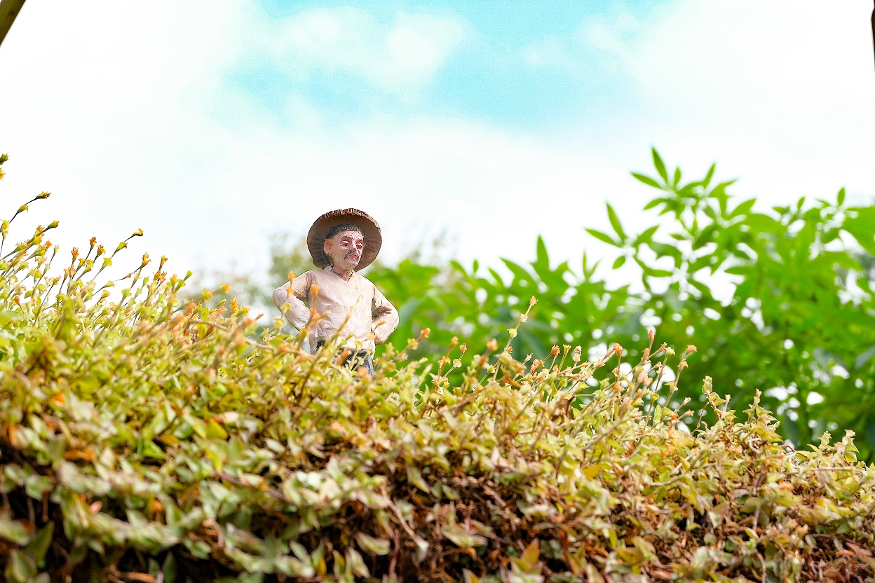屋頂草堆上，僅15公分高的小人看著北埔小鎮風景。