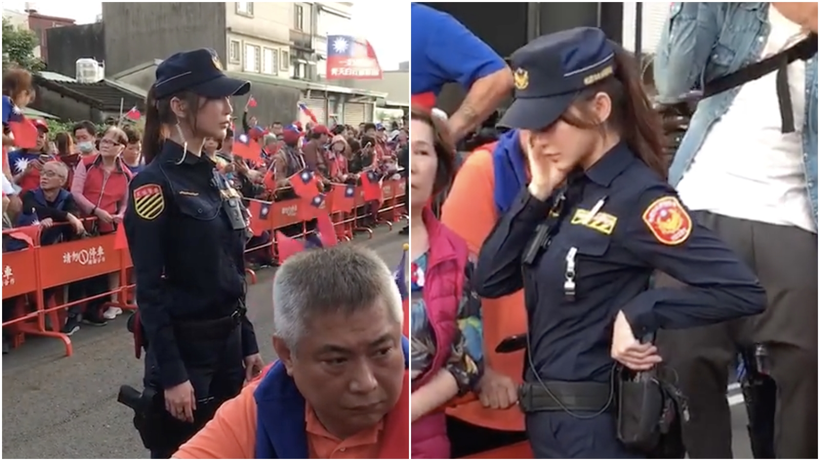1日韓國瑜桃園造勢活動中，在執勤的女警員意外成為另類焦點。（翻攝臉書）
