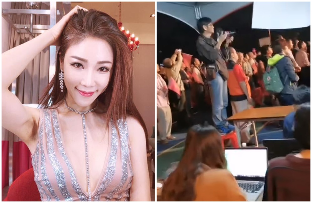 挺韓辣妹直播主在「新北群英會」音樂會活動直播，並喊抓到一群正在用電腦的1450，結果只是包含旺中集團在內的發稿記者群。（翻攝自高鈞鈞臉書、YouTube）