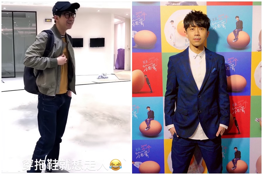 光良近日為明年即將舉辦的演唱會頻跑宣傳通告，離開電台時，差點把電台拖鞋也穿走。（翻攝自光良臉書）