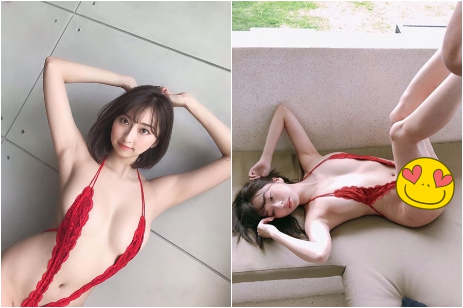 緒方咲在網上公開深V辣照，美腿抬高高「神祕三角地帶」若隱若現。（翻攝自緒方咲IG）