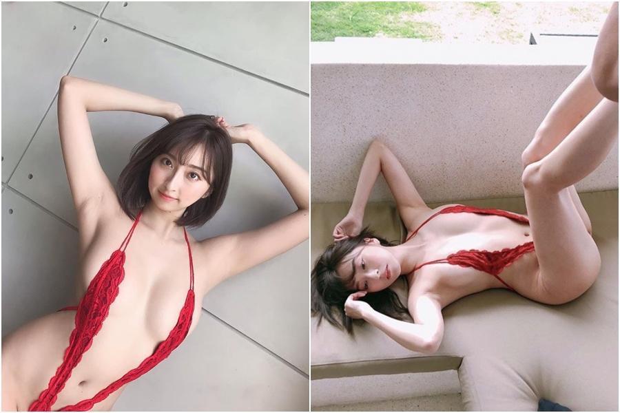 緒方咲在網上公開深V辣照，美腿抬高高「神祕三角地帶」若隱若現。（翻攝自緒方咲IG）