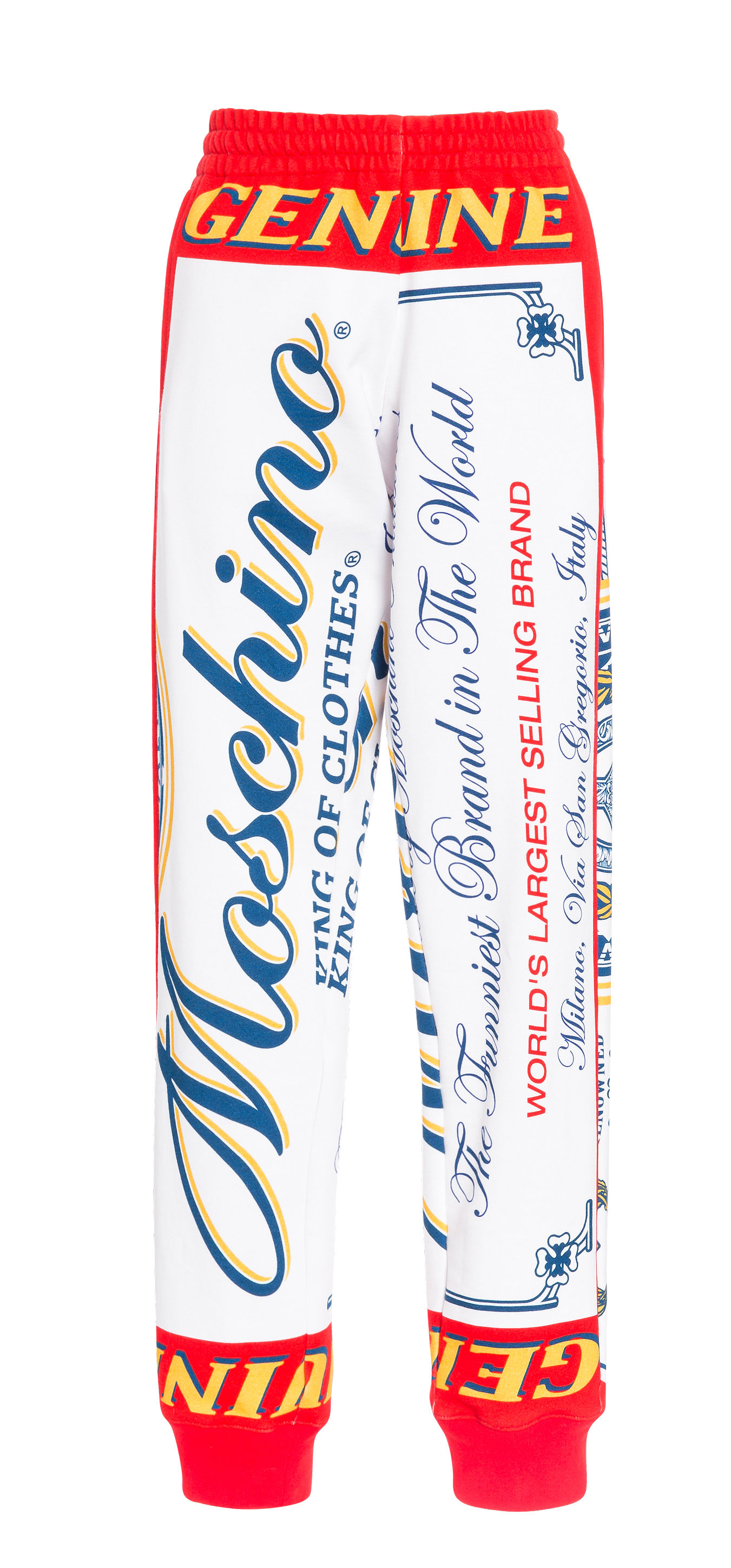 MOSCHINO X BUDWEISER聯名款長褲，NT$23,300。（藍鐘提供） 