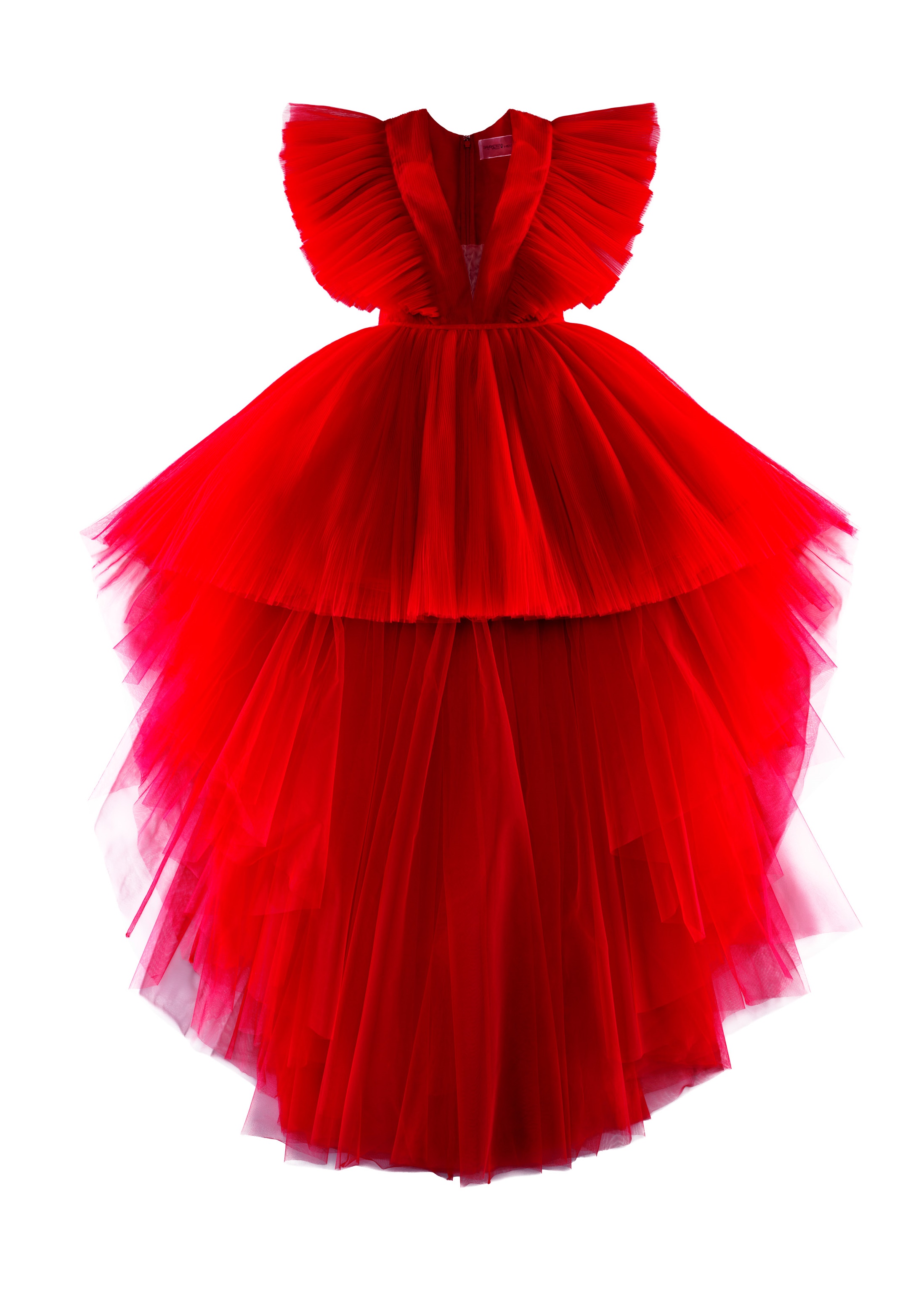 Giambattista Valli X H&M設計師聯名系列的形象照片中的絕美紅色紗質洋裝，為網路限定款。NT$14,999元。（H&M提供）     